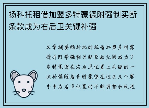 扬科托租借加盟多特蒙德附强制买断条款成为右后卫关键补强